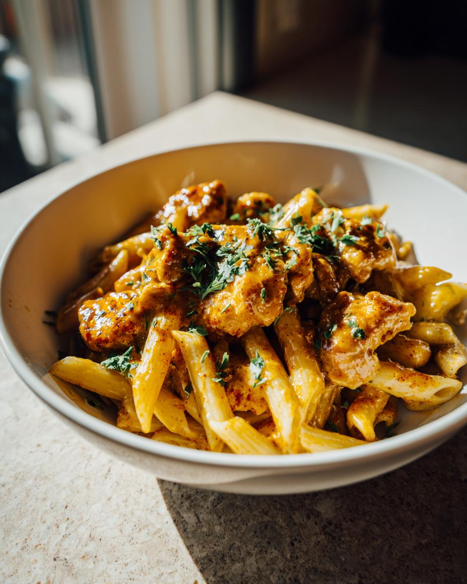 A close-up of a white bowl filled with cowboy butter chicken pasta, garnished with fresh parsley.
