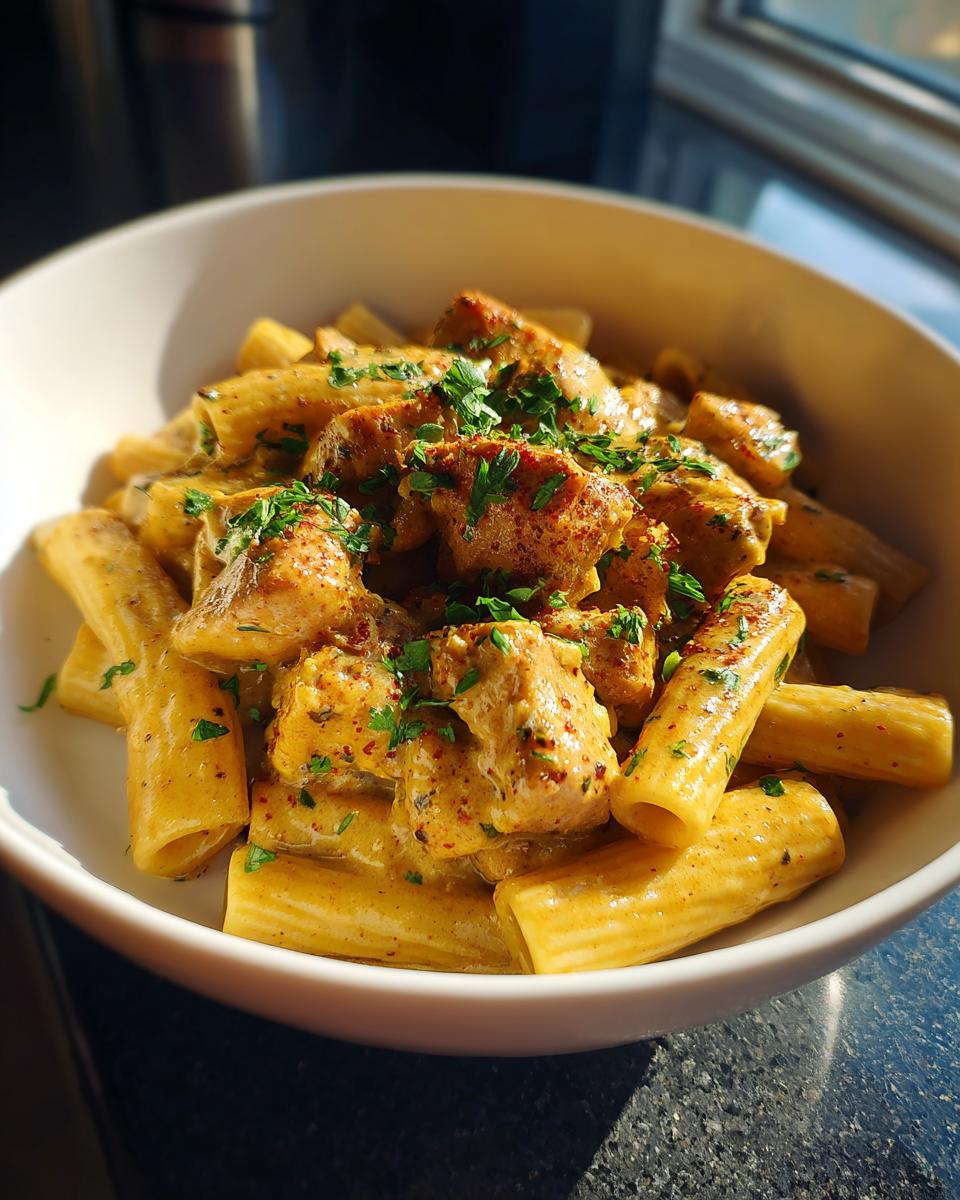 A close-up of cowboy butter chicken pasta in a white bowl, garnished with fresh parsley.