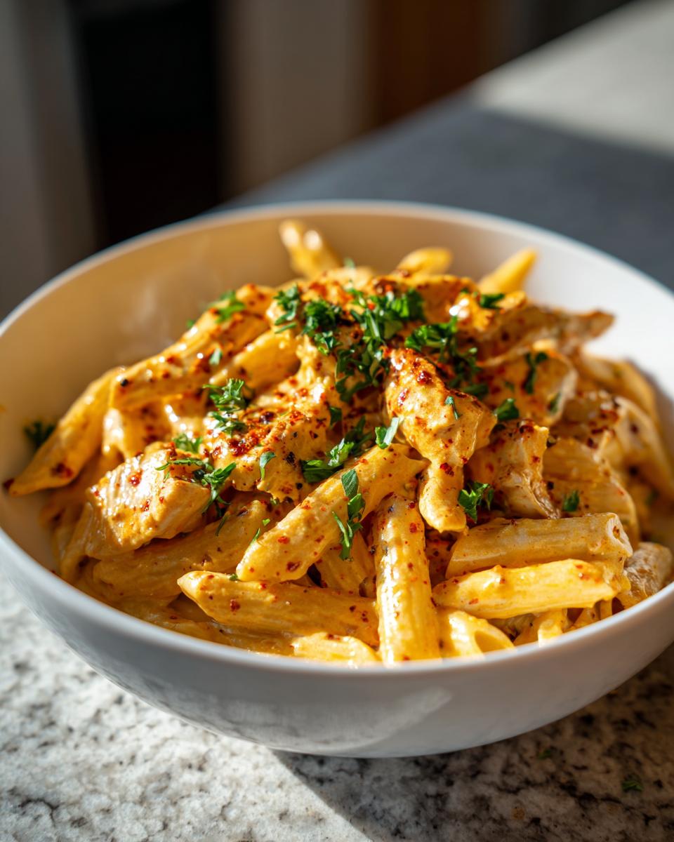 Close-up of a bowl of cowboy butter chicken pasta, garnished with parsley and chili flakes.