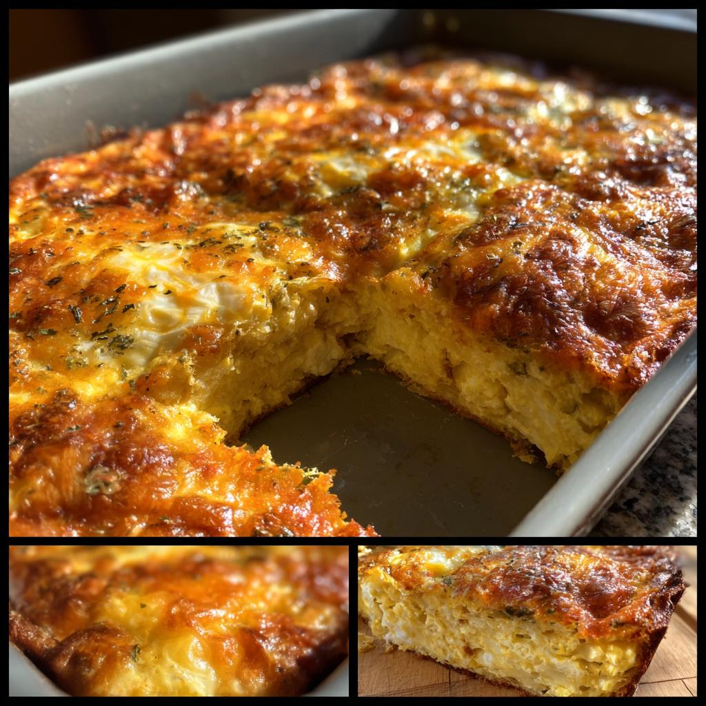 A golden brown, baked crack breakfast casserole in a baking dish, with a slice removed to show the fluffy interior.