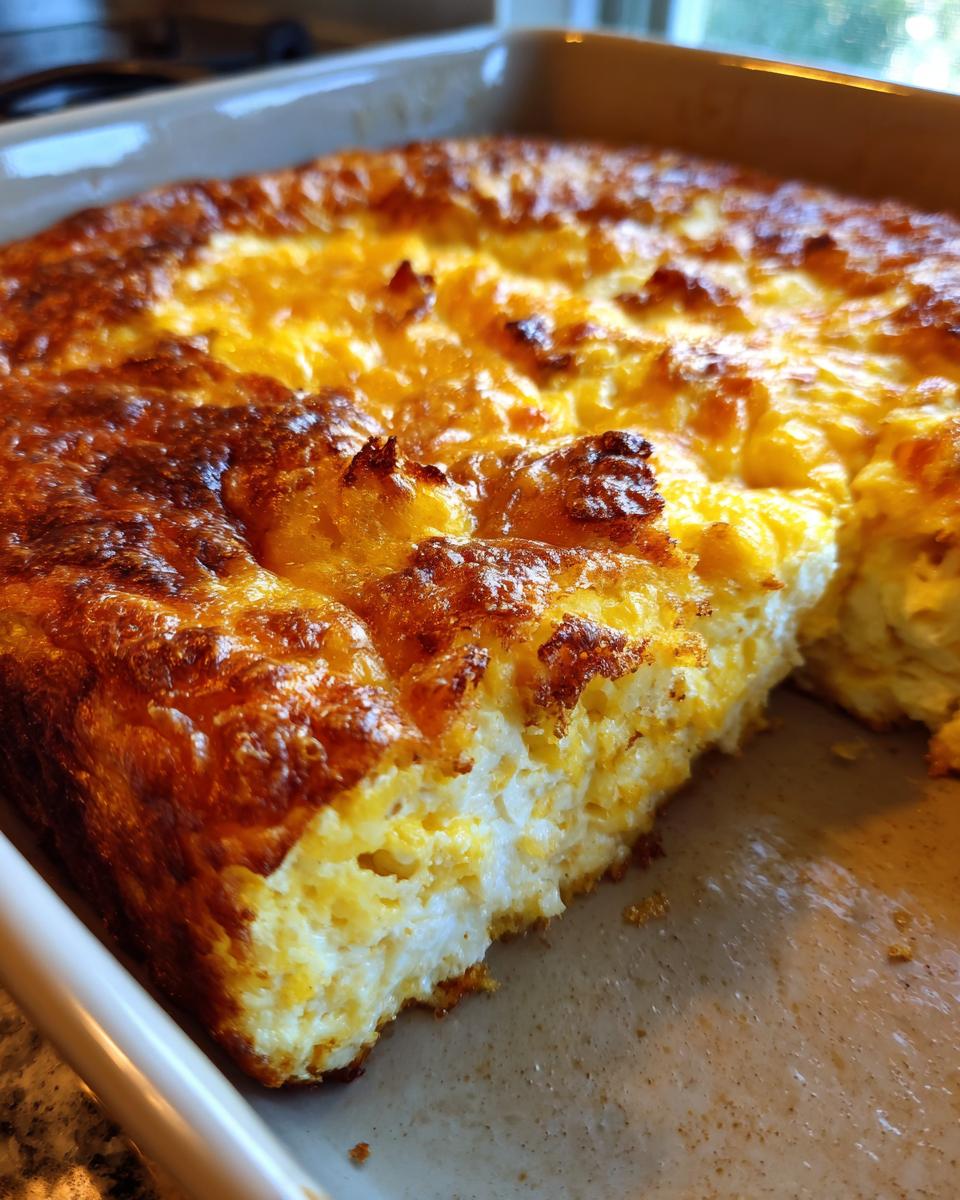 A golden brown, baked crack breakfast casserole in a rectangular baking dish, with a slice removed.