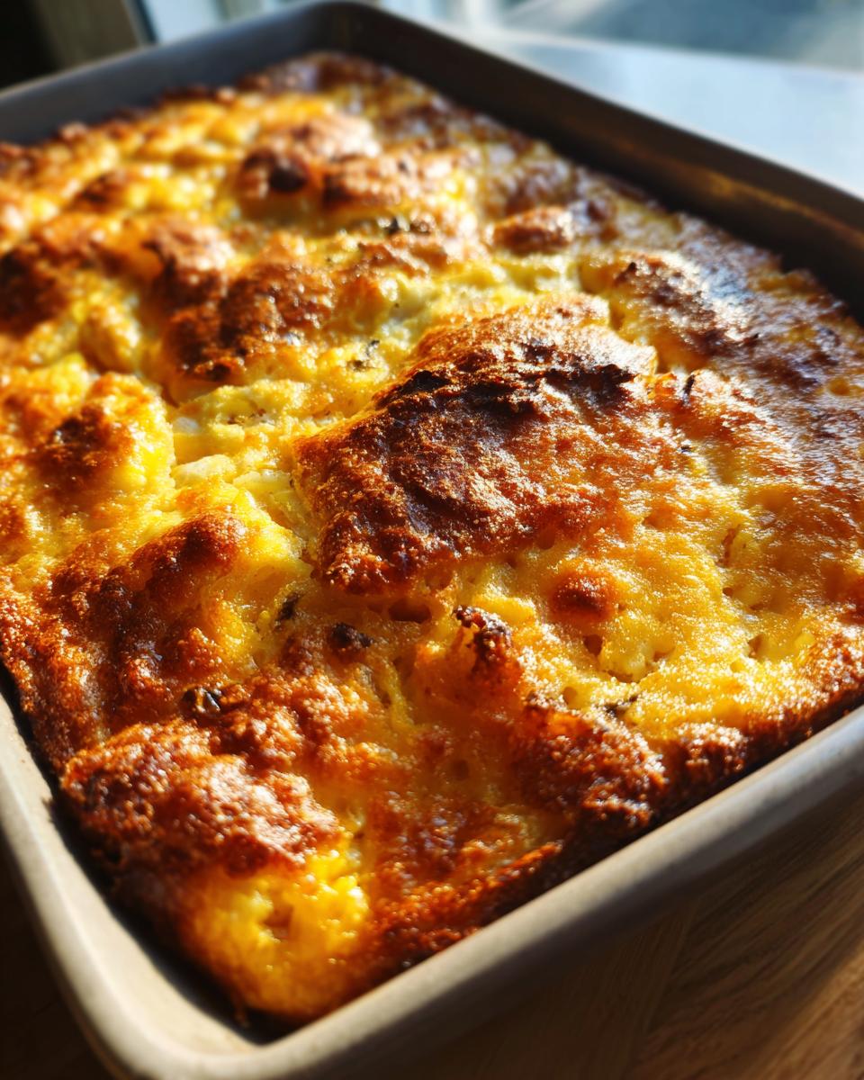 Close-up of a golden brown, bubbly crack breakfast casserole fresh out of the oven in a baking dish.