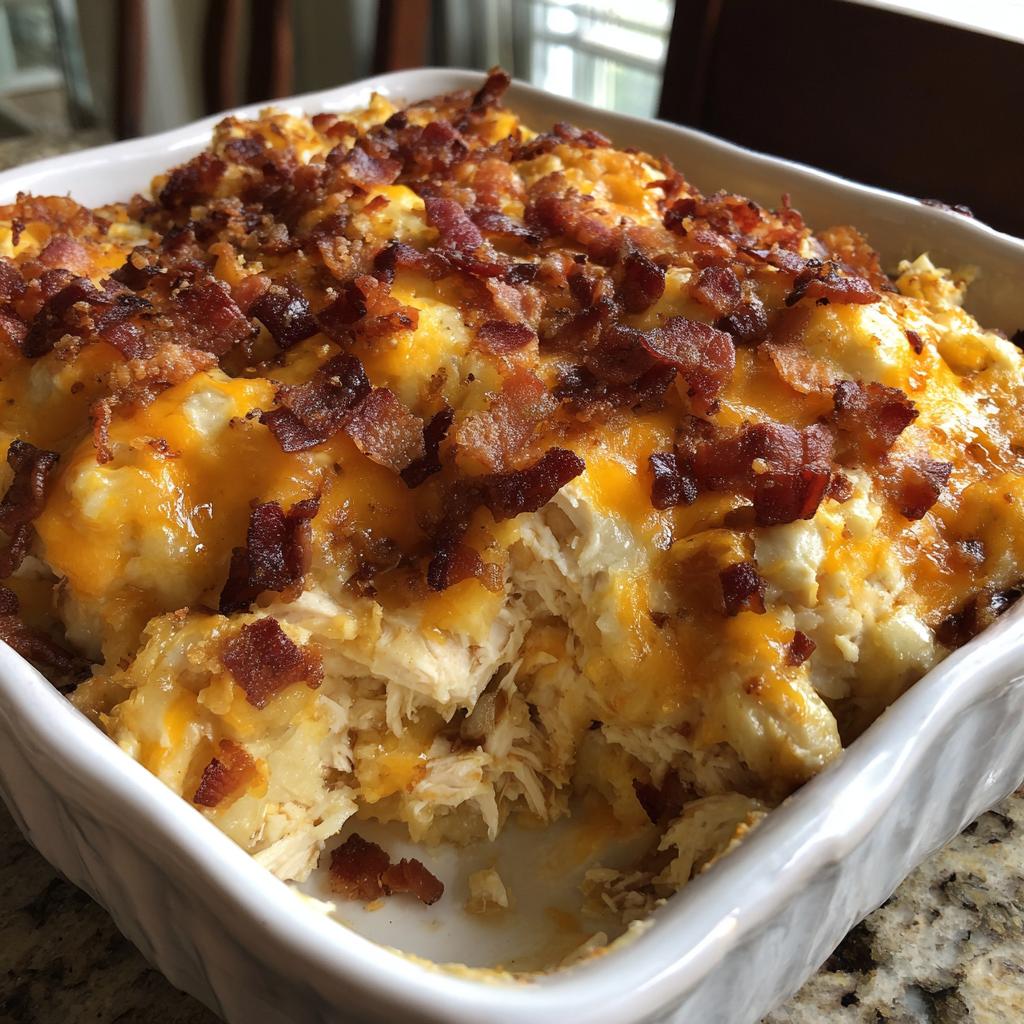 A close-up of a bubbling crack chicken casserole topped with melted cheddar cheese and crispy bacon bits.