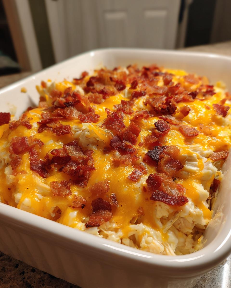 A close-up of a baked crack chicken casserole topped with melted cheddar cheese and crispy bacon bits.