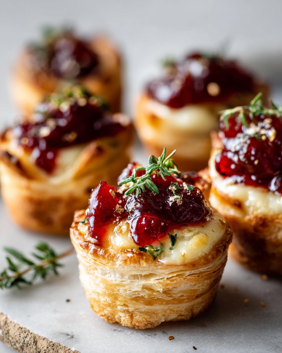 Close-up of cranberry brie bites, a perfect addition to Thanksgiving appetizer recipes, topped with fresh thyme.