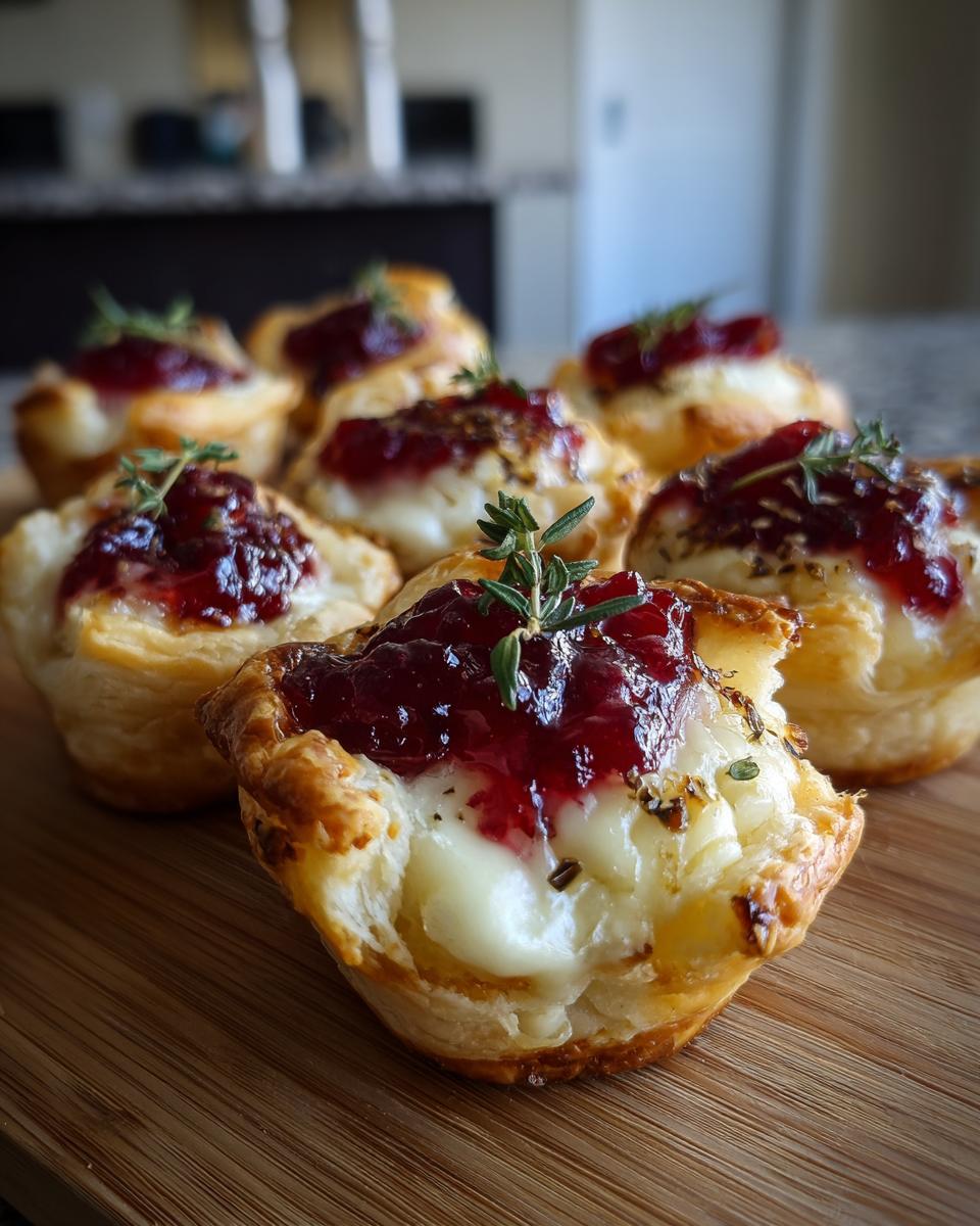 Close-up of cranberry brie bites, a perfect addition to Thanksgiving appetizer recipes, with flaky pastry, melted brie, and cranberry topping.