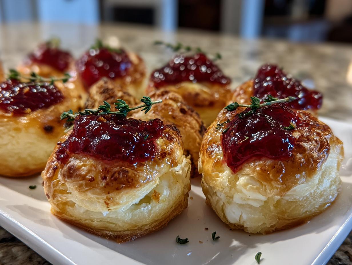 Close-up of flaky pastry bites topped with cranberry sauce and fresh thyme, perfect for Thanksgiving appetizer recipes.