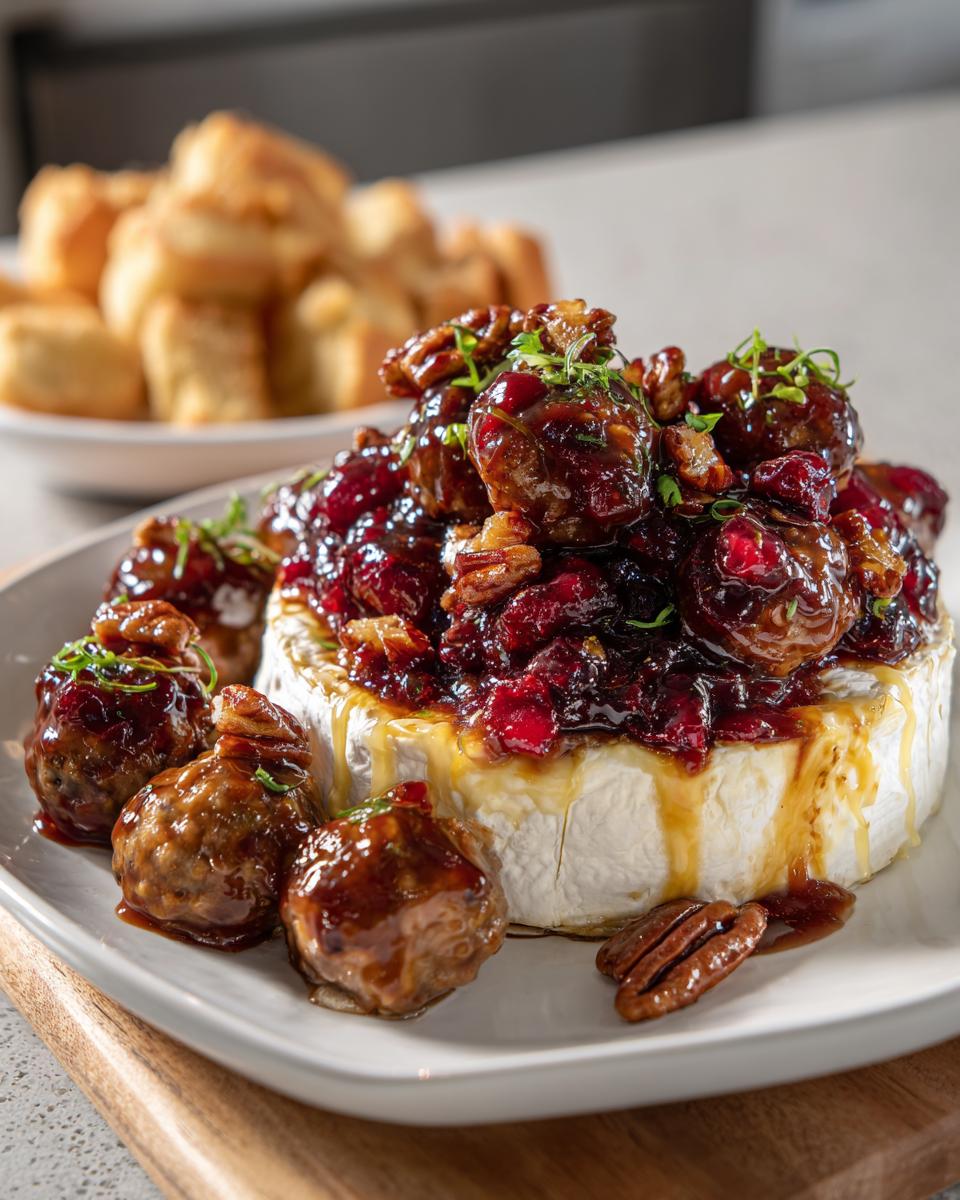 A wheel of baked brie topped with cranberry meatballs and pecans, a perfect new year's eve party food.