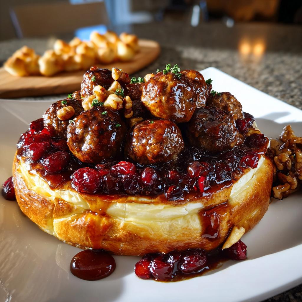 Close-up of baked brie topped with cranberry sauce and meatballs, a perfect new year’s eve party food.