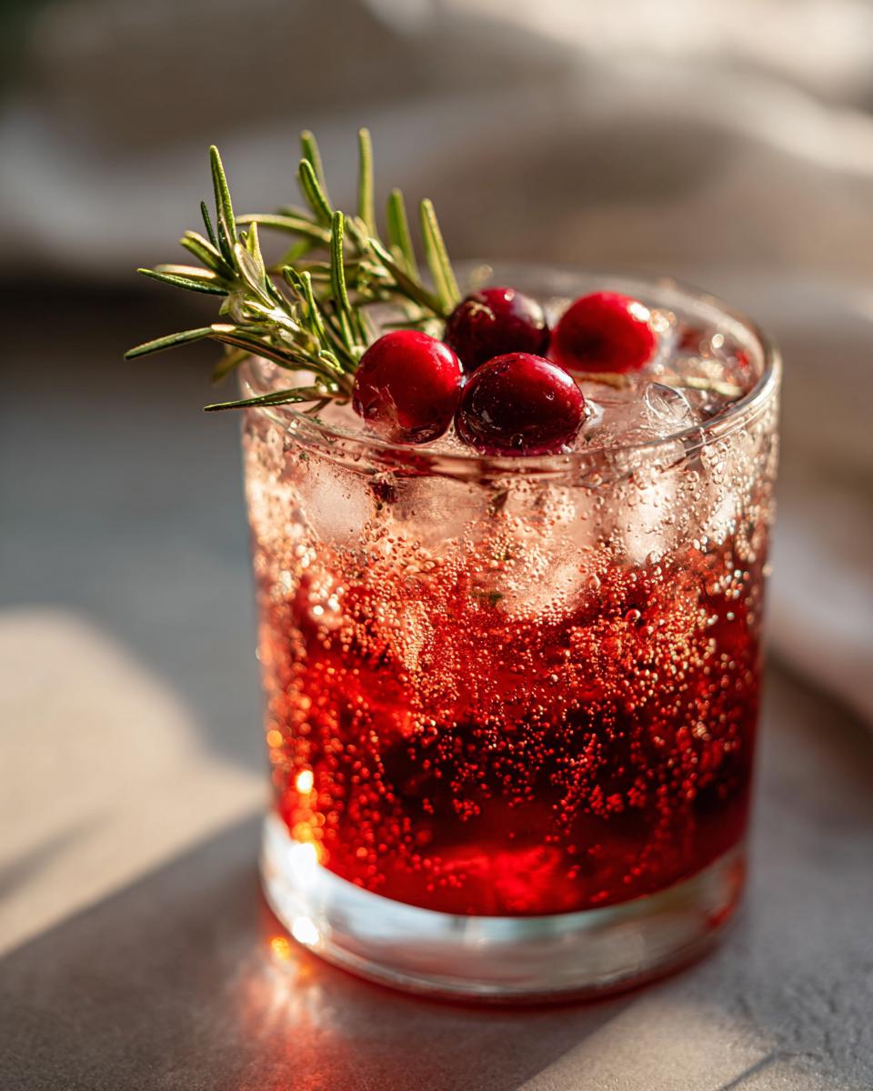 A sparkling cranberry cocktail garnished with fresh cranberries and rosemary, perfect for Thanksgiving.