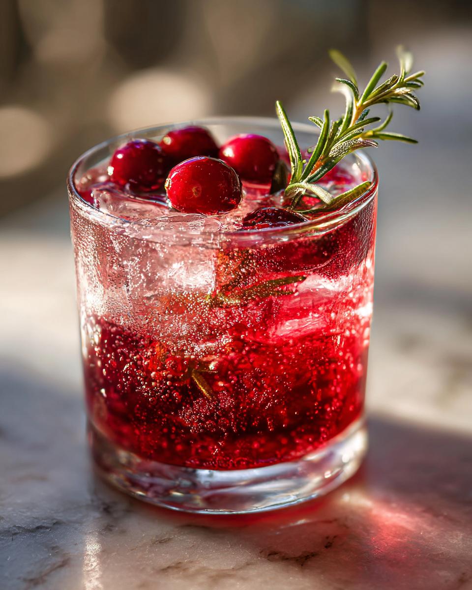 A refreshing cranberry and rosemary Thanksgiving cocktail with fresh cranberries and ice.