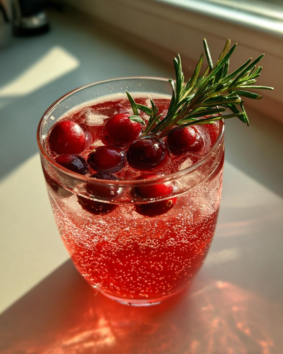 A refreshing cranberry and rosemary Thanksgiving cocktail with fresh cranberries and ice.