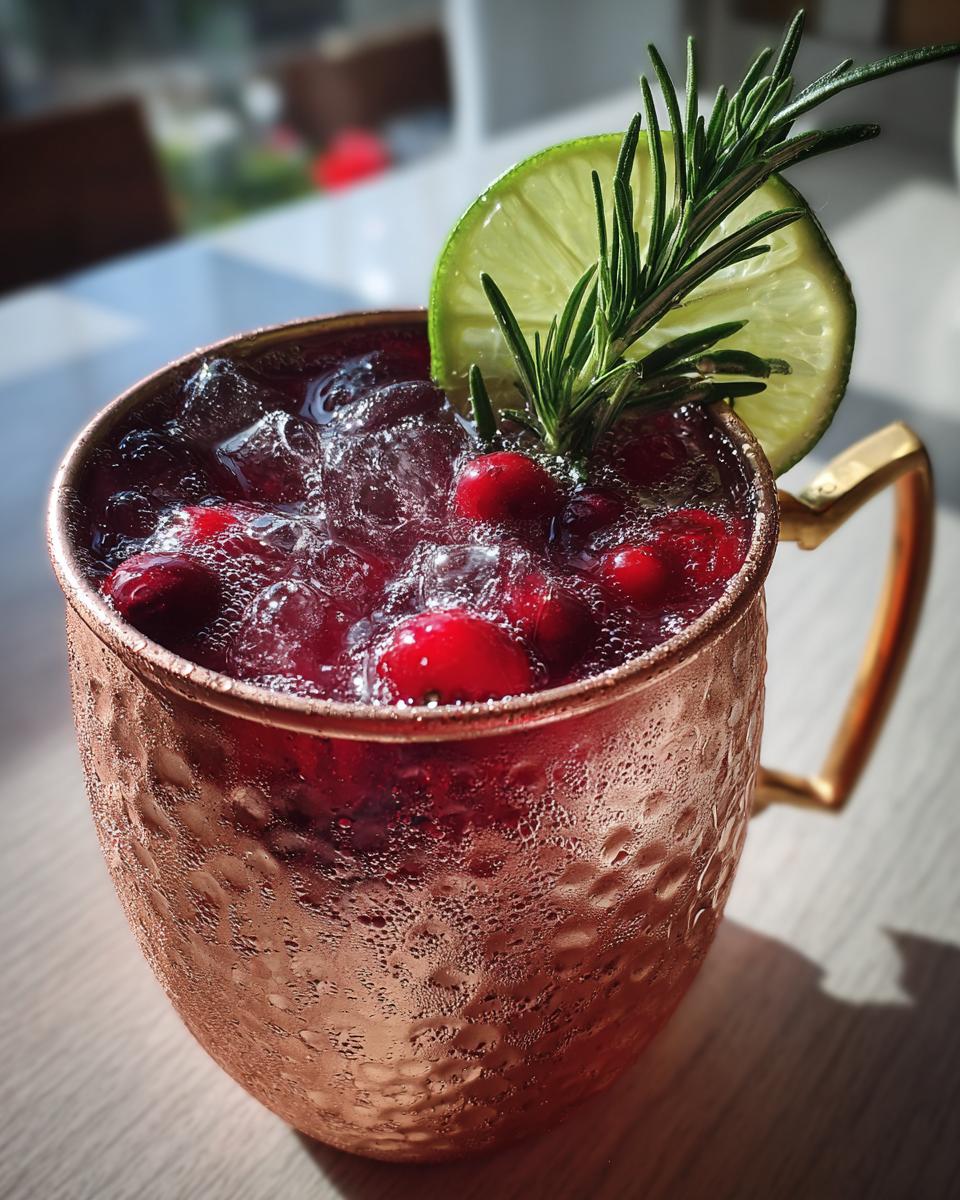 A refreshing cranberry and rosemary Thanksgiving cocktail served in a copper mug with a lime slice.