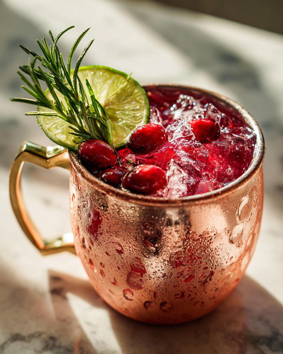 A refreshing cranberry rosemary Thanksgiving cocktail in a copper mug, garnished with lime and fresh cranberries.
