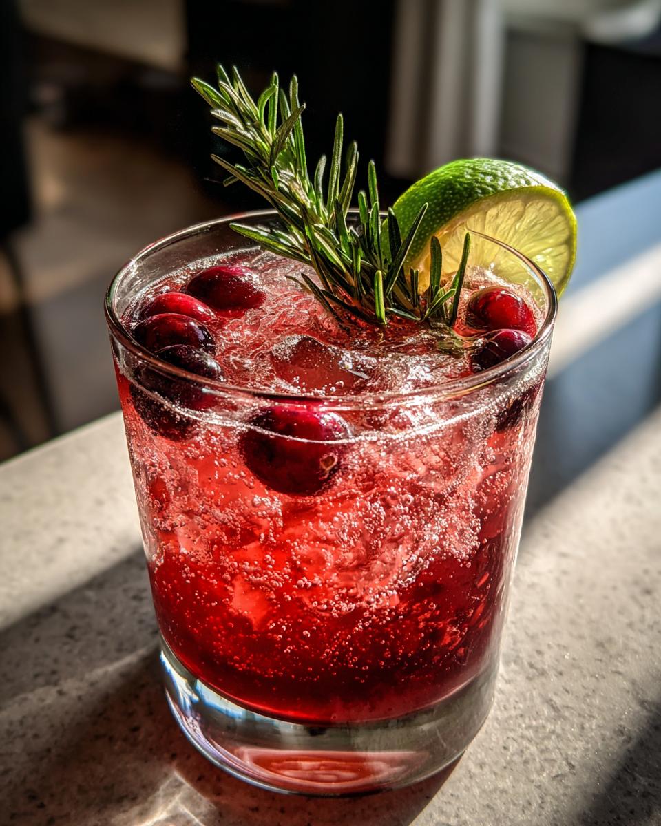 A refreshing cranberry cocktail with fresh cranberries, rosemary sprig, and a lime wedge, perfect for Thanksgiving cocktails inspiration.