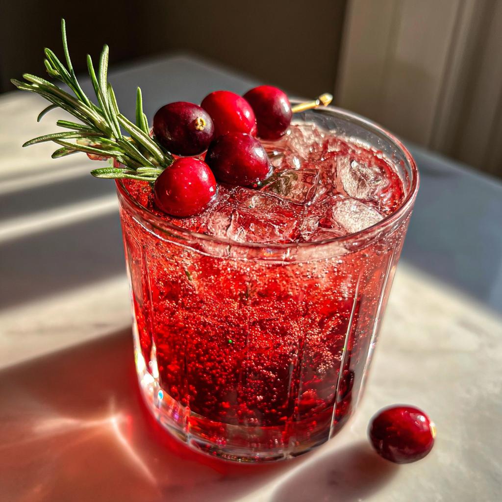 A festive cranberry rosemary Thanksgiving cocktail garnished with fresh cranberries and rosemary sprigs.