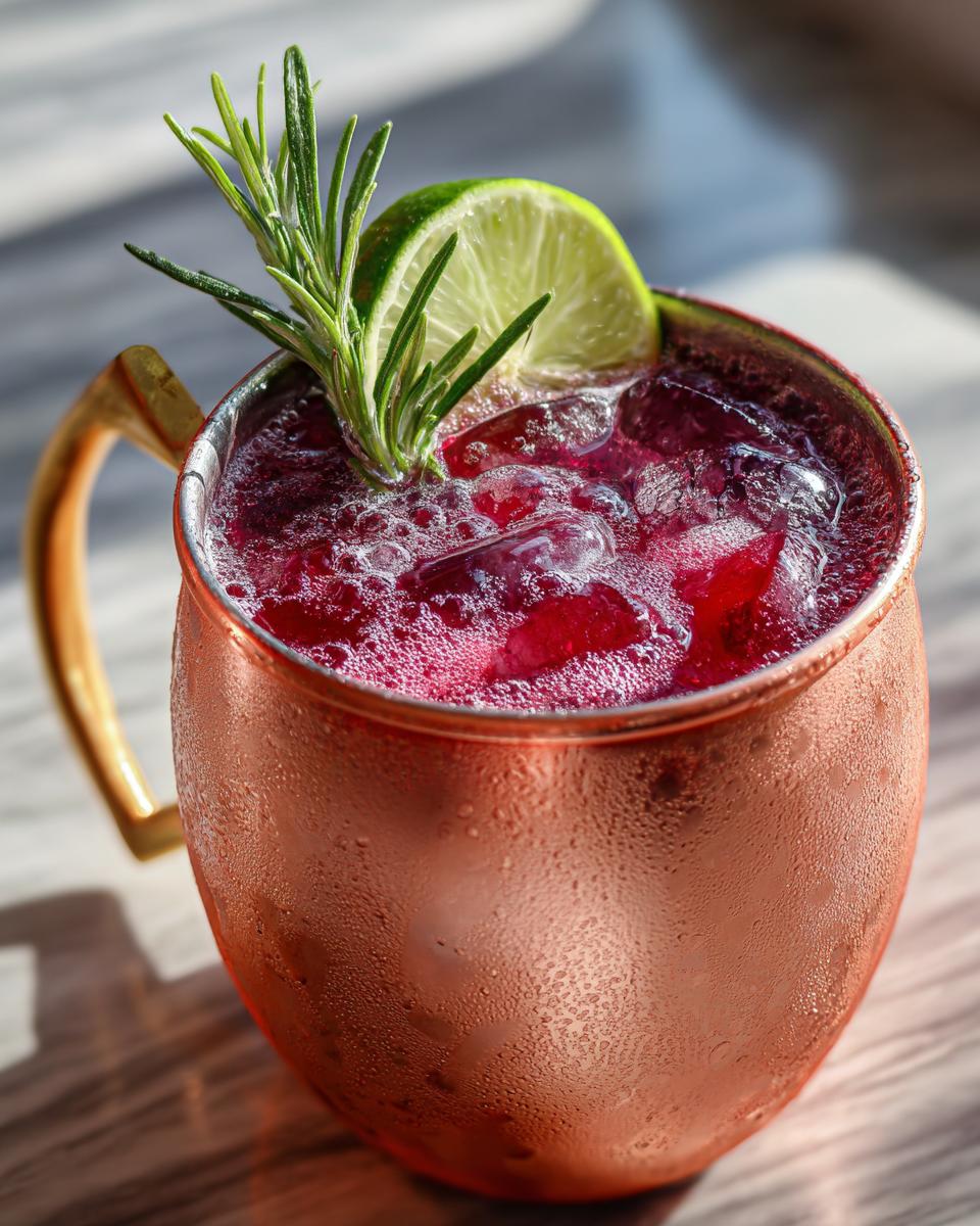A refreshing cranberry cocktail in a copper mug, garnished with lime and rosemary, perfect for Thanksgiving cocktails inspiration.