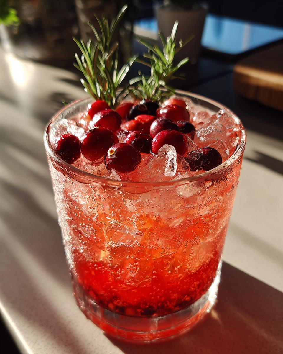 A refreshing cranberry and rosemary Thanksgiving cocktail served over crushed ice, garnished with fresh cranberries and rosemary sprigs.