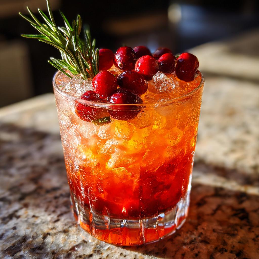A close-up of a vibrant Thanksgiving cocktail garnished with fresh cranberries and a sprig of rosemary.