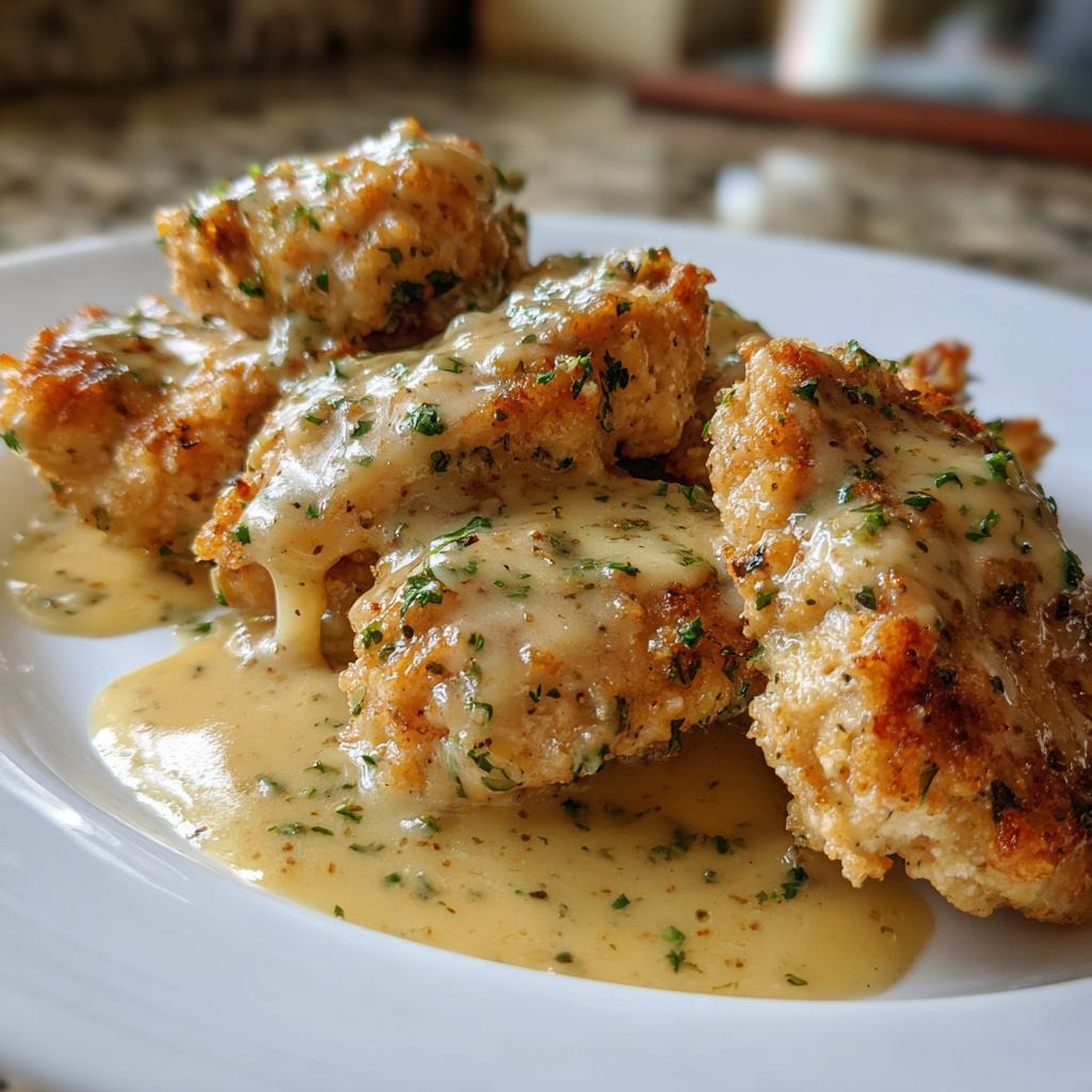 Close-up of crispy, breaded chicken pieces generously coated in a luscious creamy lemon sauce with herbs.