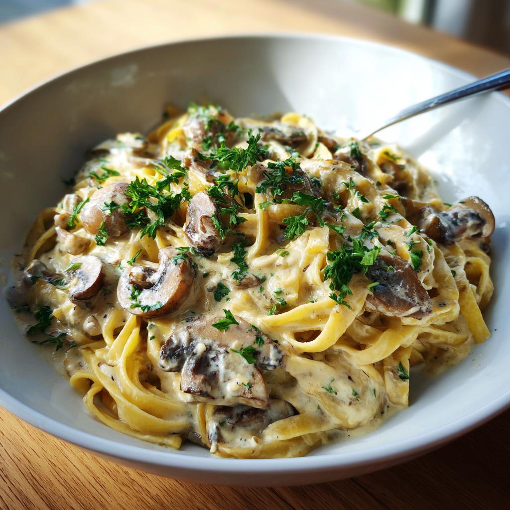 Close-up of creamy mushroom pasta with fettuccine noodles and fresh parsley, a perfect addition to pasta recipes.