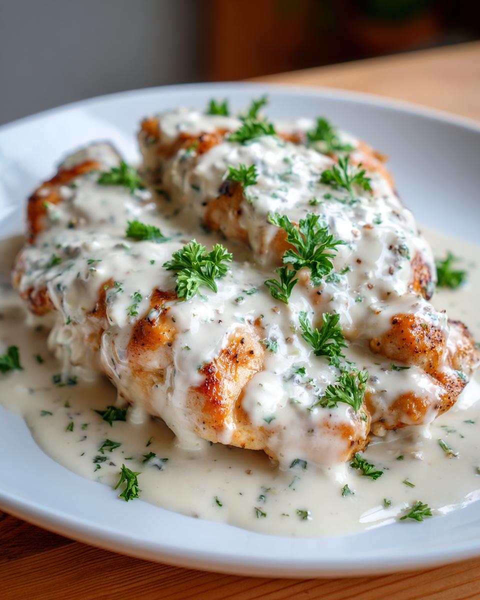 Close-up of pan-seared creamy ranch chicken breasts generously coated in a rich, white ranch sauce and sprinkled with fresh parsley.