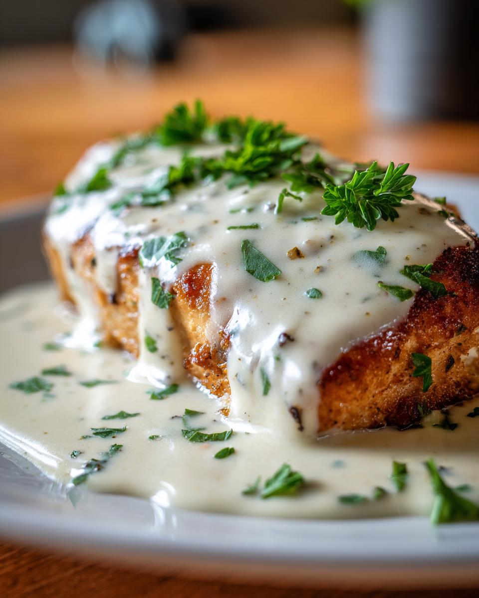 A close-up of a piece of creamy ranch chicken, generously coated in sauce and sprinkled with fresh parsley.