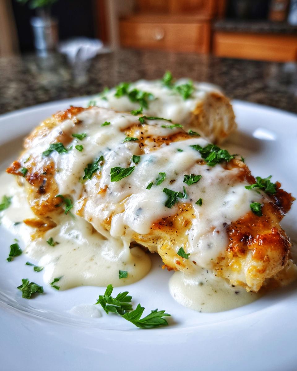 Close-up of two pieces of creamy ranch chicken topped with melted cheese and fresh parsley on a white plate.