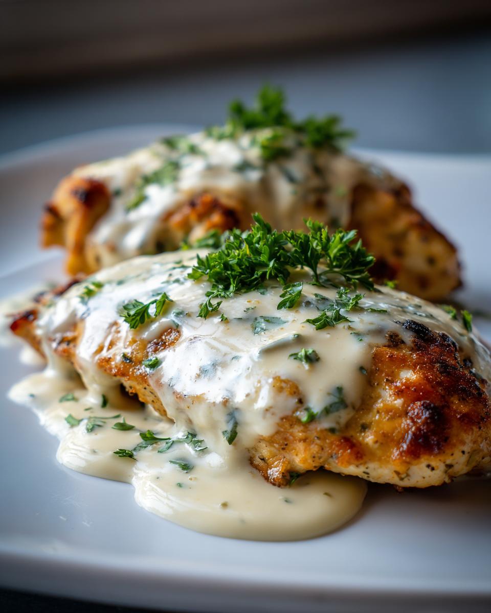 Close-up of two pieces of creamy ranch chicken, generously topped with a rich sauce and fresh parsley.