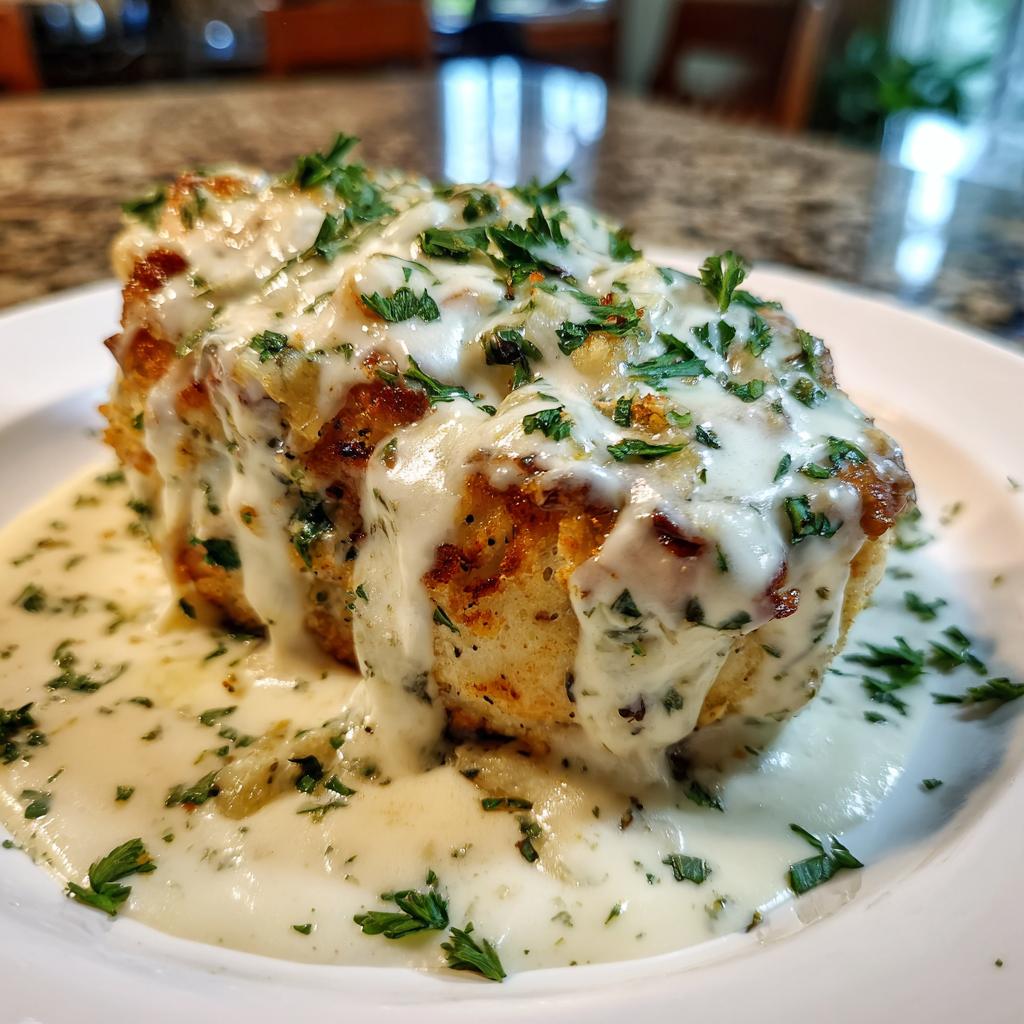 A close-up of a serving of creamy ranch chicken, generously topped with sauce and fresh parsley.
