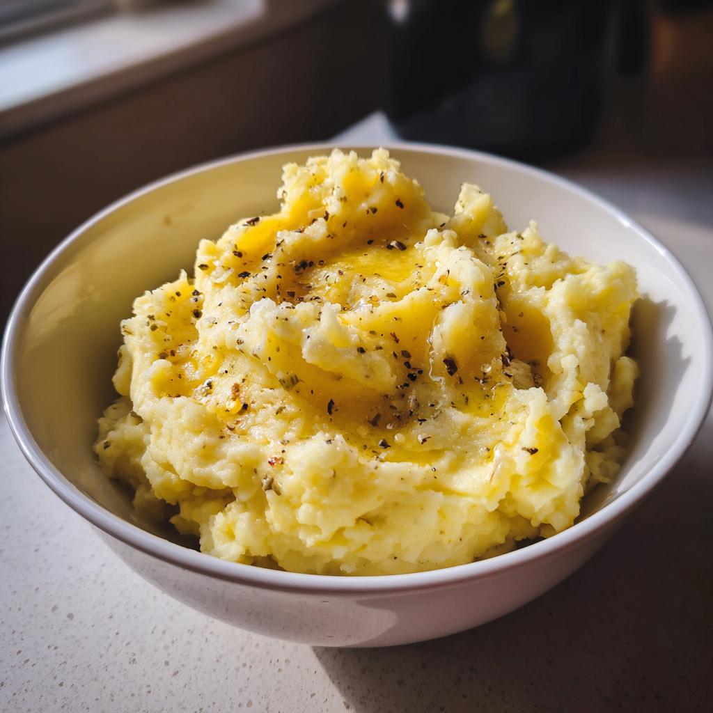 Close-up of a bowl of creamy roasted garlic mashed potatoes, topped with melted butter and black pepper. A perfect side dish.