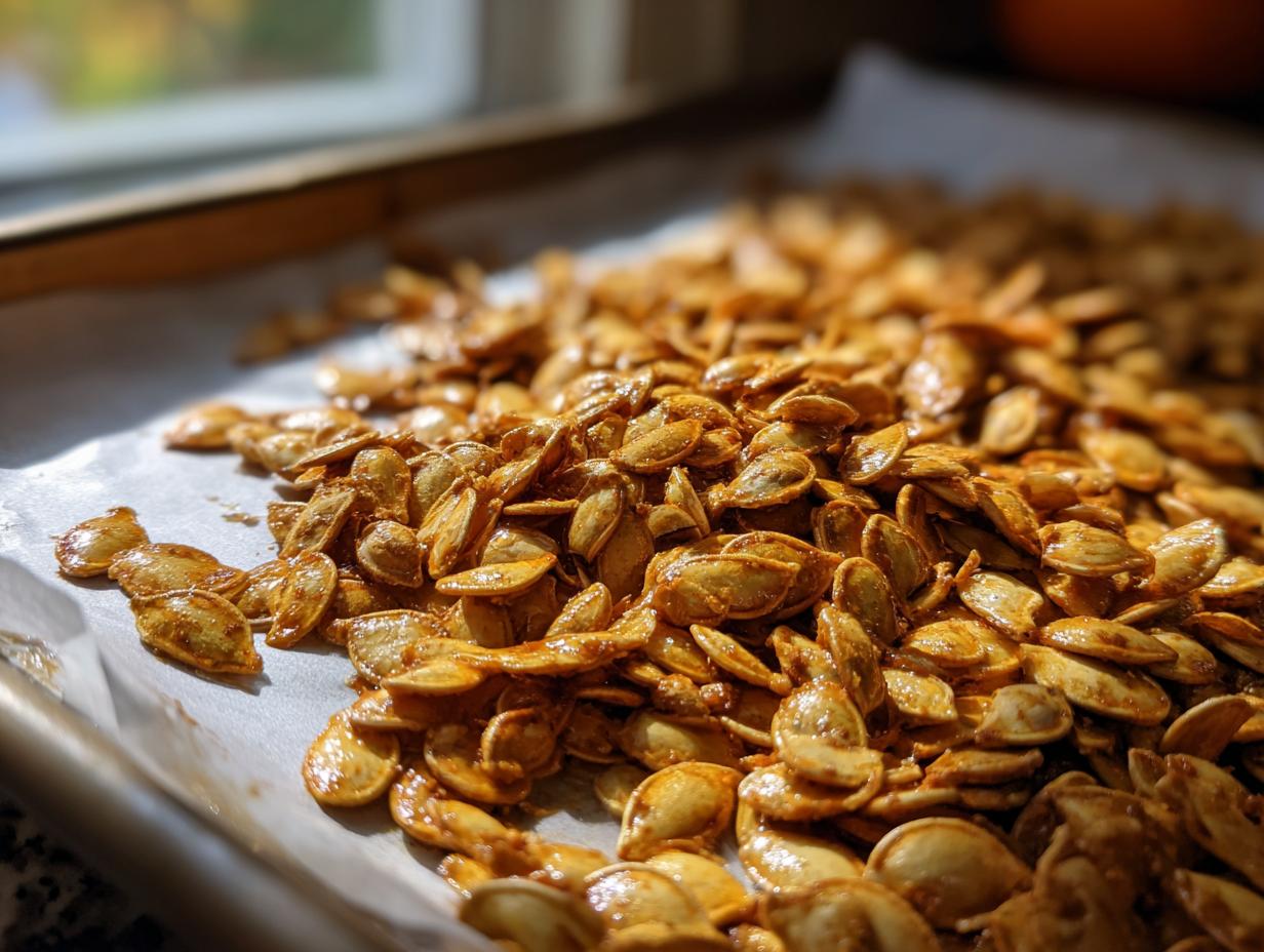 Close-up of a pile of seasoned baked pumpkin seeds on a parchment-lined baking sheet, ready to be enjoyed.