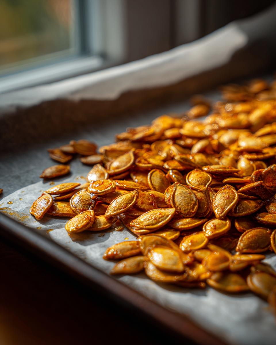 Close-up of a pile of golden-brown, seasoned baked pumpkin seeds spread on parchment paper.