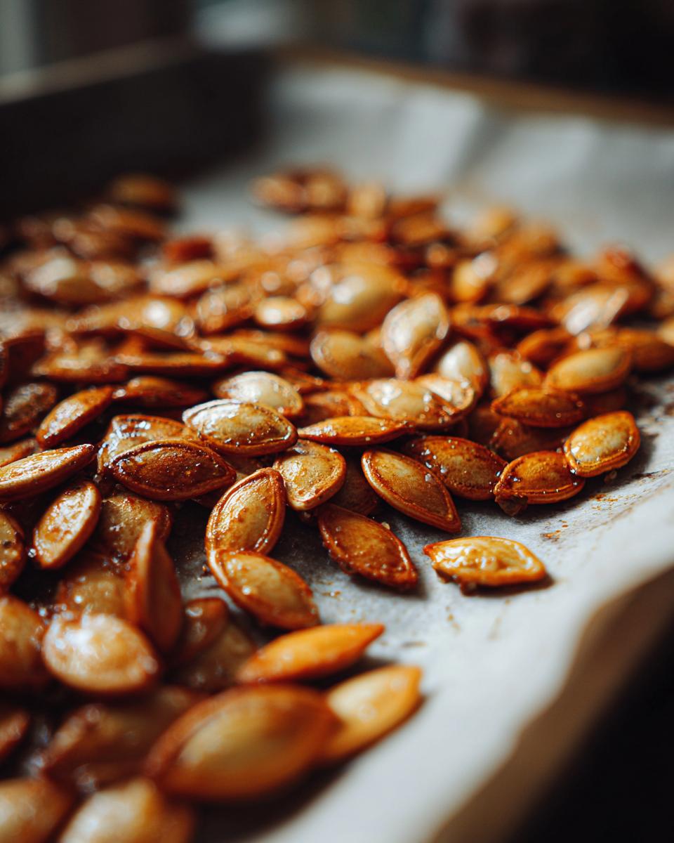 Close-up of a pile of glistening, golden-brown baked pumpkin seeds scattered on parchment paper.