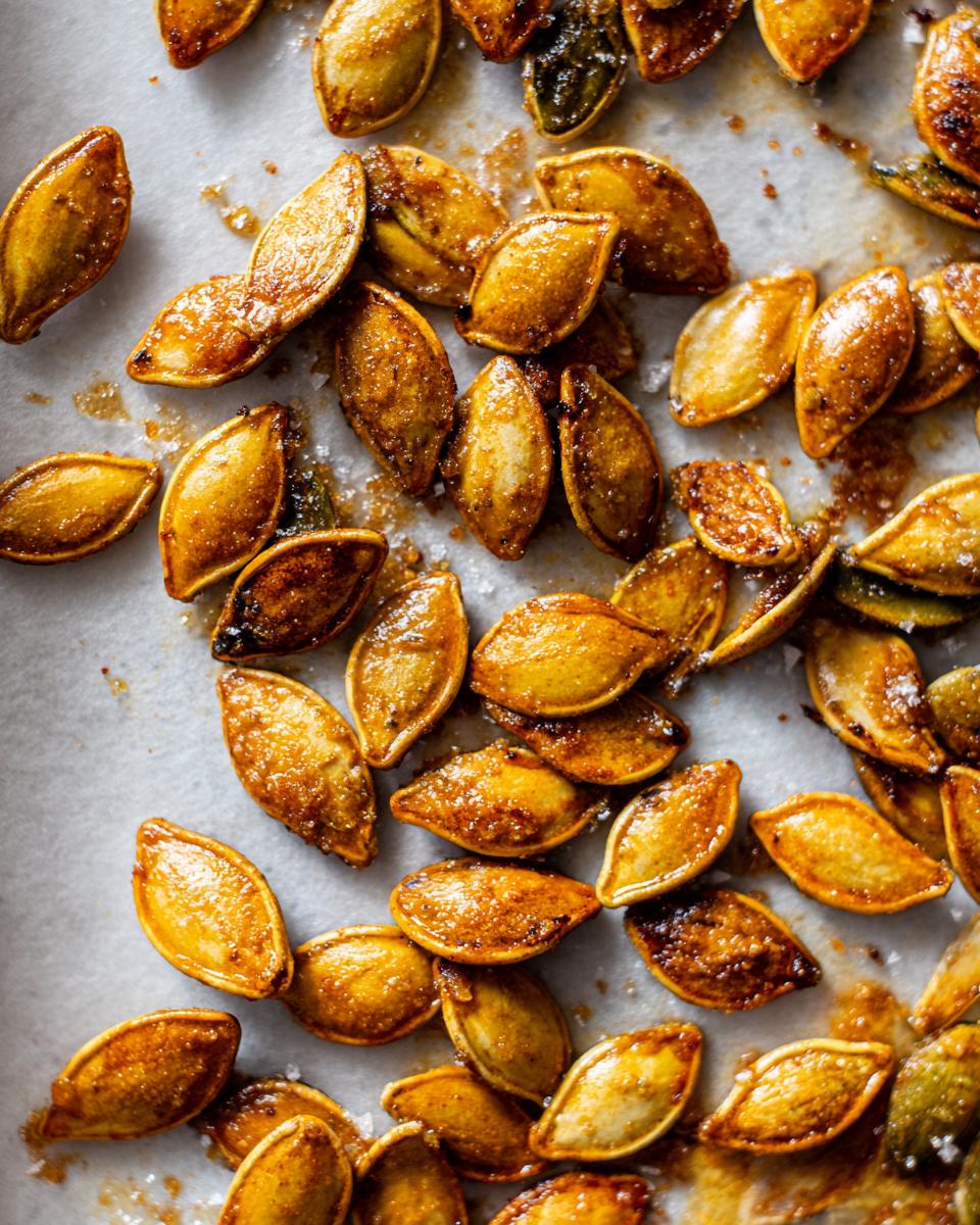 Close-up of golden brown, seasoned crispy baked pumpkin seeds scattered on parchment paper.