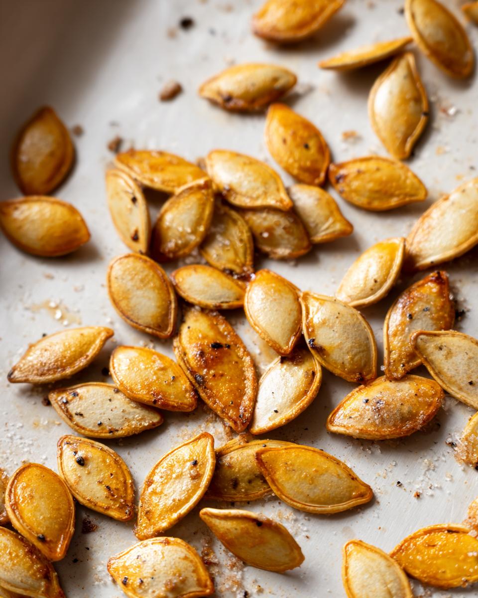 A close-up overhead shot of golden brown, seasoned crispy baked pumpkin seeds scattered on a baking sheet.