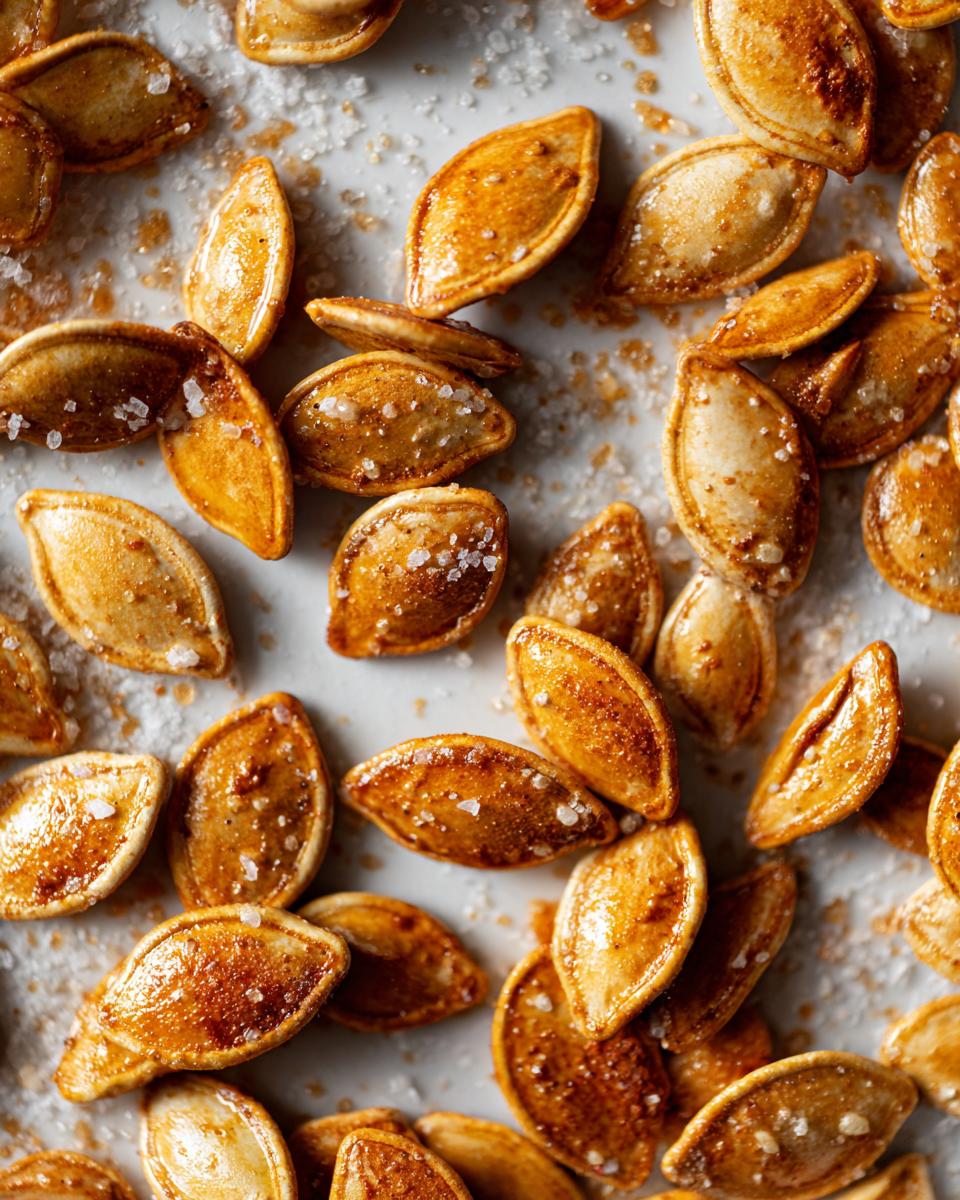 Close-up overhead shot of perfectly Crispy Baked Pumpkin Seeds sprinkled with coarse salt.