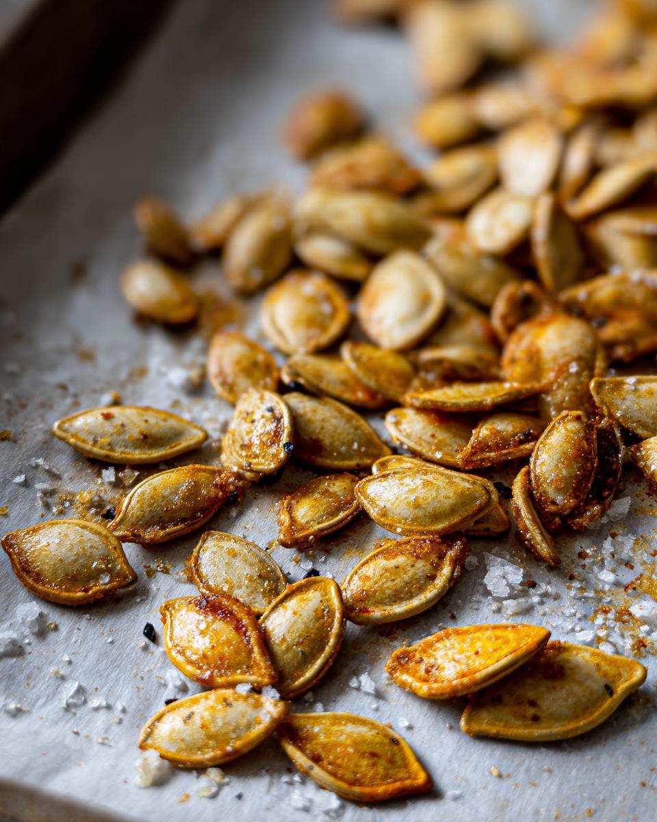 Close-up of seasoned crispy baked pumpkin seeds scattered on parchment paper with coarse salt.