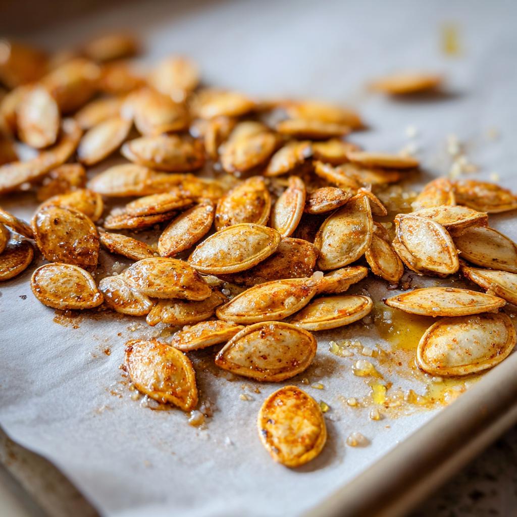 Close-up of a pile of freshly baked, crispy pumpkin seeds seasoned with spices on parchment paper.
