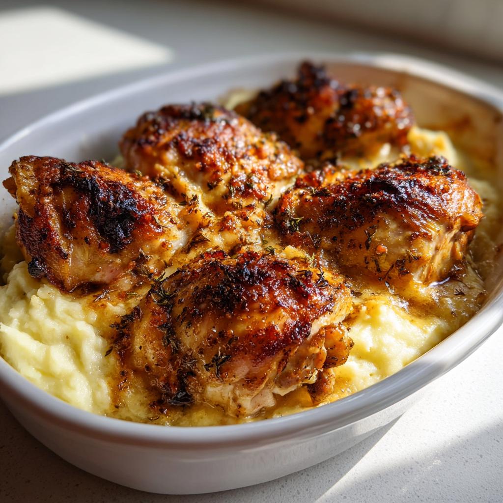 Close-up of crispy baked chicken thighs served over creamy mashed potatoes, a perfect dish for new years recipes.