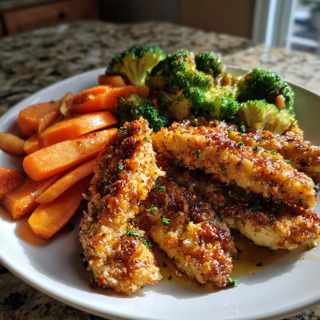 A plate of crispy chicken strips served with steamed broccoli and sliced carrots, perfect for easy weeknight dinners.