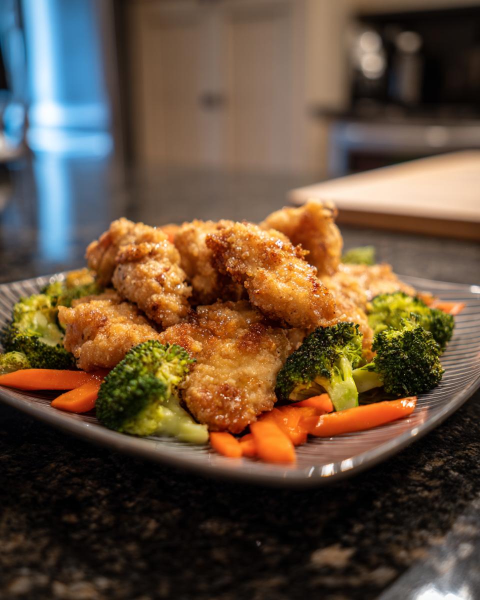 Crispy breaded chicken strips served with steamed broccoli and carrots, perfect for easy weeknight dinners.