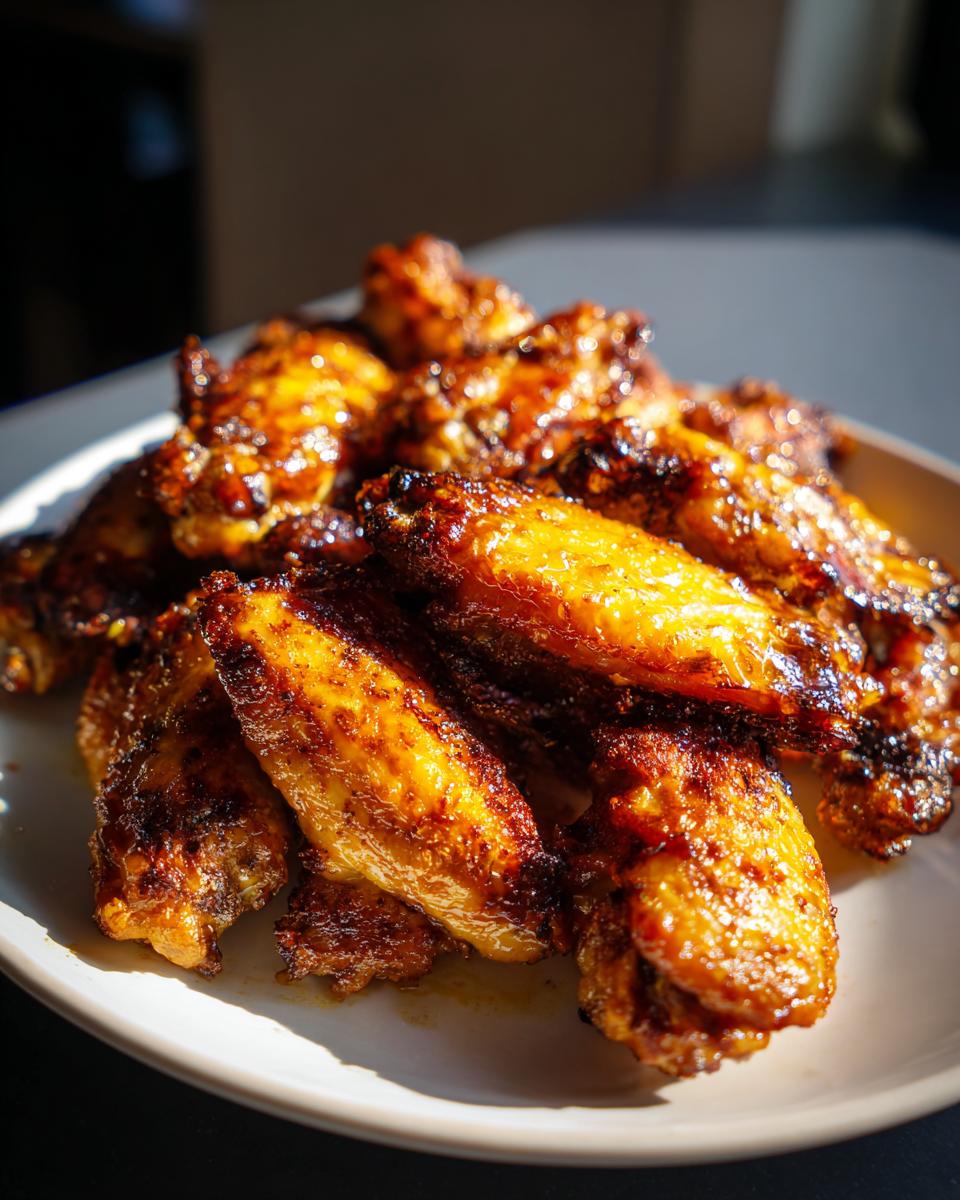 A close-up of a pile of perfectly crispy chicken wings recipes, glistening with sauce.