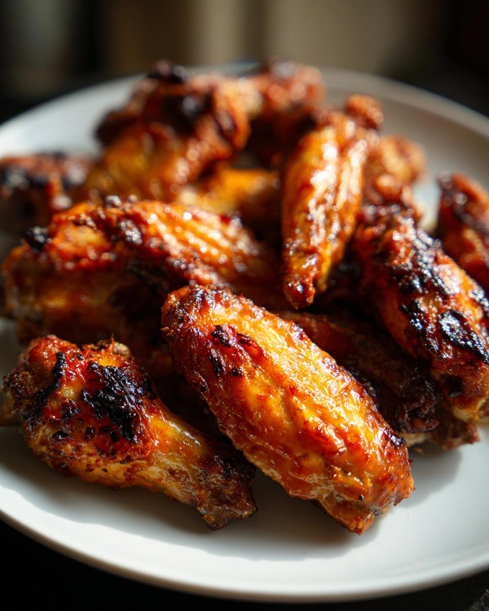 A close-up shot of a pile of perfectly crispy chicken wings recipes, glazed and slightly charred, on a white plate.