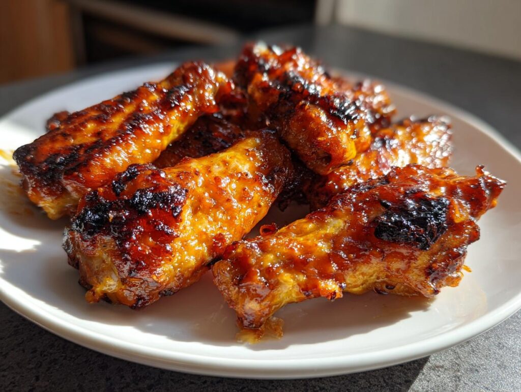 Close-up of a plate of perfectly crispy chicken wings recipes with a glossy, caramelized glaze.