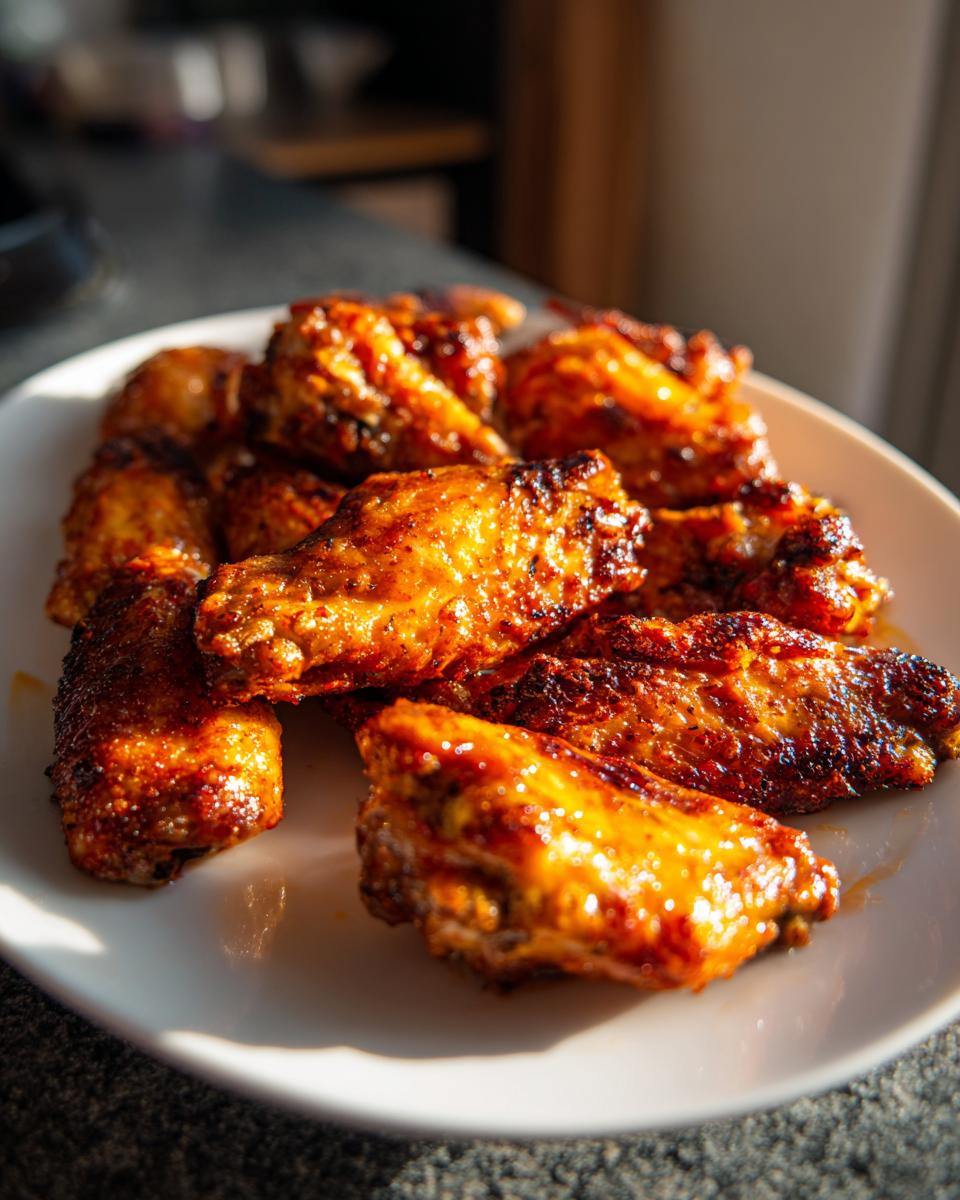 A close-up shot of a plate filled with perfectly crispy chicken wings recipes, glistening with sauce.