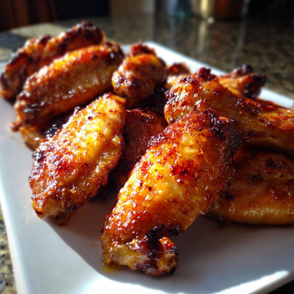 Close-up of perfectly crispy chicken wings recipes, glistening with sauce and spices on a white plate.