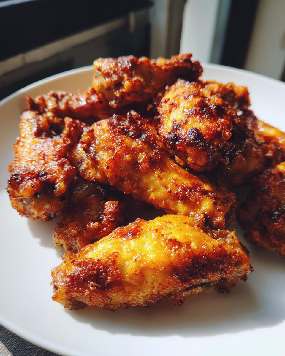 A close-up shot of golden-brown, crispy chicken wings piled on a white plate, showcasing perfect chicken wings recipes.