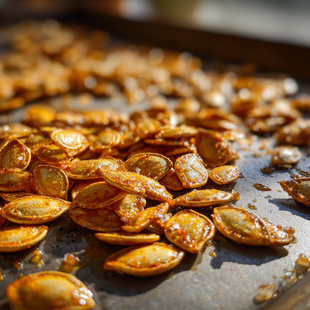Close-up of seasoned, crispy roasted pumpkin seeds on a baking sheet, ready to be enjoyed.