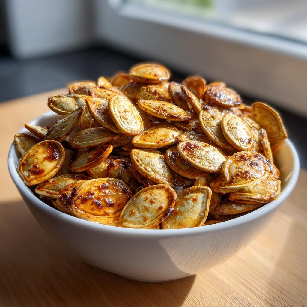 A white bowl filled with glistening, perfectly roasted pumpkin seeds, seasoned with spices.